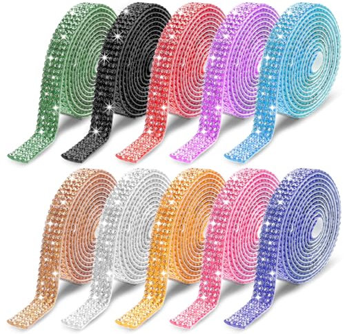 10 Rouleaux Ruban Strass Auto-Adhésif 1 Yard 4 Rangées Paillettes Ruban Cristal Diamant Colorées Pierre Strass Bandes Cristal pour Bricolage Téléphone Portable et Décoration de Voiture