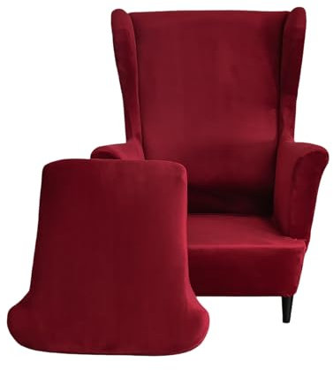 JUNLEBUYI 2-Teilig Ohrensessel Überzug, Strandmon Bezug, Sesselbezug Stretch Sesselüberwurf Mode Einfarbig Samt Ohrensessel Bezug Sesselschoner Mit Armlehne(Weinrot)