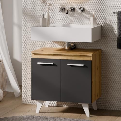 Planetmöbel Merkur Waschbeckenunterschrank 60 cm, Unterschrank, Waschtischunterschrank, Badezimmerschrank für Gäste WC & Bad, Artizan Eiche Anthrazit