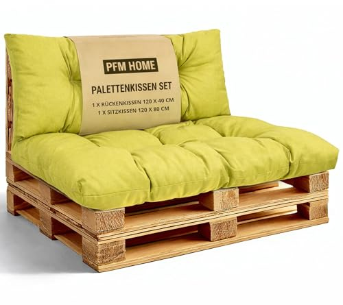 PFM HOME Palettenkissen Outdoor-Kissen für Palettensofa Palettenmöbel Europaletten - Gartenkissen - 1 x Rückenkissen 120 x 40 cm + 1 x Sitzkissen 120 x 80 cm - Limettengrün