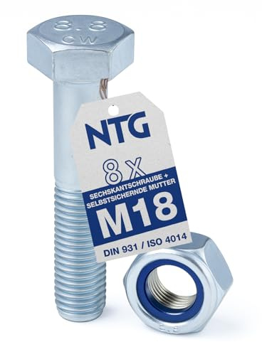 Befestigungssatz Sechskantschraube M18 x 100 mm mit selbstsichernder Mutter – Stahl verzinkt | Festigkeitsklasse 8.8 | Teilgewinde nach DIN 931 & ISO 4014 (8 Stück)
