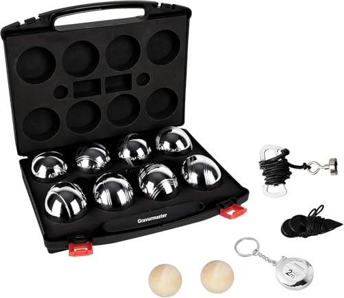 Gravurmaster Personalisierte Boccia Kugeln mit Gravur Name/Logo/Text, Professionelles Petanque, Metall Boule Set mit Zielkugeln, Abstandsmesser, Aufbewahrungsbox, 8 Botcha Balls Spiel, Setie B