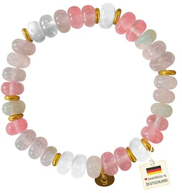 happymaker - Bracelet femme en pierres naturelles - Quartz rose, quartz fraise & pierre de lune - Bijou énergétique, perles 8 mm, fait main en Allemagne avec écrin cadeau