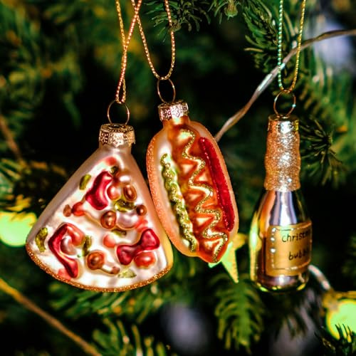 Amanman mundgeblasenes Glas Weihnachtsbaumschmuck Set - Vintage Food Ornaments Thema: Hot Dog, Pizza & Festliche Getränke Dekoration