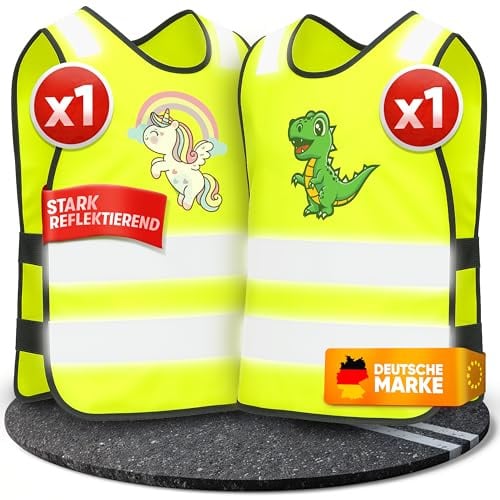 PURAHELP® Warnweste Kinder (3-12 Jahre) Sicherheitsweste [2 Stück] | [Dino & Einhorn] für den Schulweg, Fahrrad, Kindergarten - Reflektierende Warnweste Gelb