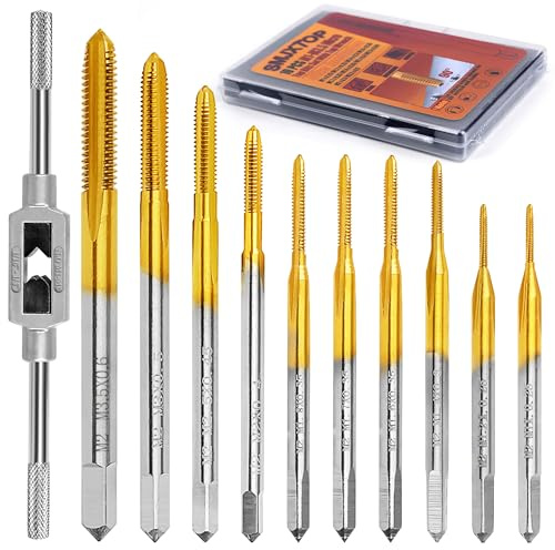 SMXJTOP 10pcs Micro Metric Taps Bits Set with 1Pc Tap Wrench,M1-M3.5 Mini Machine Screw Tap Set, Small Thread Screws Tapping Bits Tool
