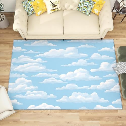 Generisch Wohnzimmer Teppich Schlafzimmer, Frischer Wolkendruck Waschbar Kurzflor Teppich Flauschig Weich rutschfest Pflegeleicht Hellblau Teppiche Kinderzimmer, Größe:80x150 cm