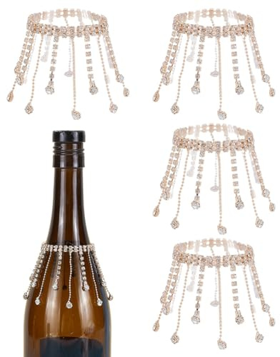 PLIGREAT 4 Pcs Rhinestone Decorative Wine Bottle Fringe, 15cm Long Jewel Tassel Bling Bottle Cover Veil for Party Wedding Table Decorations, Golden