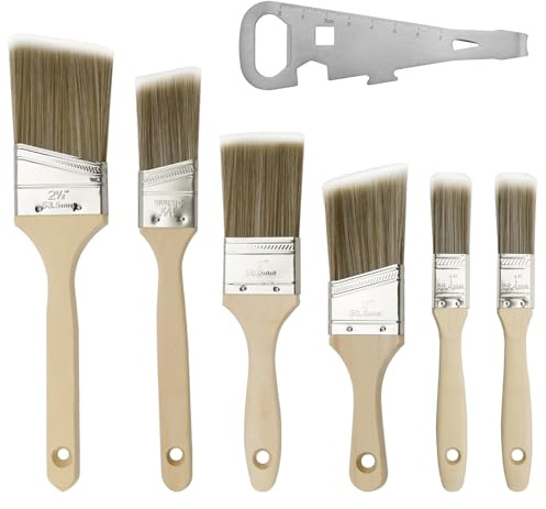 QGGTQG Paint Brush Set of 7 High-Quality Paint Brush 25 mm 38 mm 50 mm 64 mm Varnish Brush with Wooden Handle Paint Brush Flat Brush & Angle Brush Set Small with Paint Cans Opener for Paints