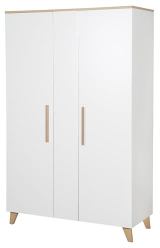 roba Kleiderschrank Leon 2,5-türig - Kinderzimmerschrank mit 6 Fächern & Kleiderstange - Schrank für Babyzimmer & Kinderzimmer - Soft-Close Türen & Massivholzfüße - Weiß/Othello Eiche