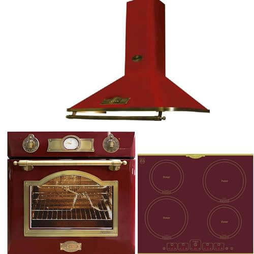 Kaiser Backofen Set 60cm Empire RotEm EH 6355+KCT 6195+A 6315 • Autark Herd Set Induktion • Retro Vintage Küche Set Bordeaux • Einbau Backofen 67L • FREE ZONE mit Booster • Dunstabzugshaube 910 m³/h