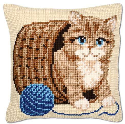 VERVACO Kreuzstich Stickpackungen Kissen Stickerei Set Anfänger Vorgedruckt Katze DIY Set Kreativ Set Für Erwachsene Dekoratives Kissen ca. 40 x 40 cm Bastelset Handwerker Haus Dekoration