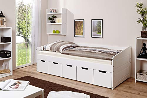 TiCAA Einzelbett Sofabett Funktionsbett, Micki mit Schubkasten für Schlafzimmer, Kinderzimmer Buche Massivholz Bettgestell 90 x 200 cm