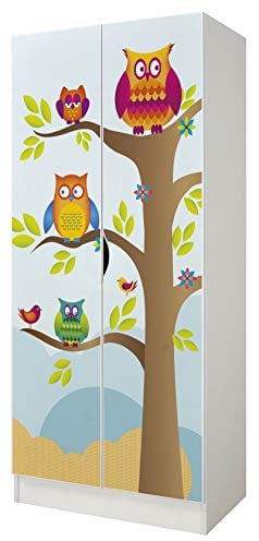 Leomark Weiß zweitüriger Kleiderschrank - Roma - funktionaler Schwebetürenschrank, Dim: 70 x 42,5 x 161,5 (H) cm, Schrank, Möbel für Kinder, UV-Druck: Eulen