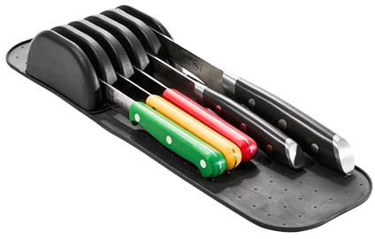 madesmart Knife Mat, Compact Soft-Grip Slot Organizer for 5 Knives, Non-Slip Drawer Insert Protects Blades and Maximizes Space, Carbon