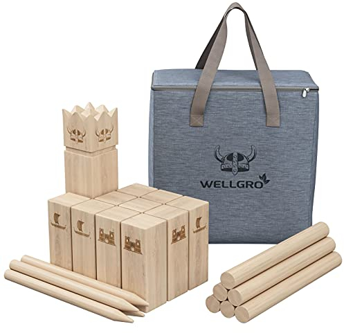 WELLGRO XL Kubb Spiel mit Laser Gravur - Kiefernholz mit Branding, Wikingerspiel inkl. Anleitung und Aufbewahrungstasche - Schwedenschach Rasenschach