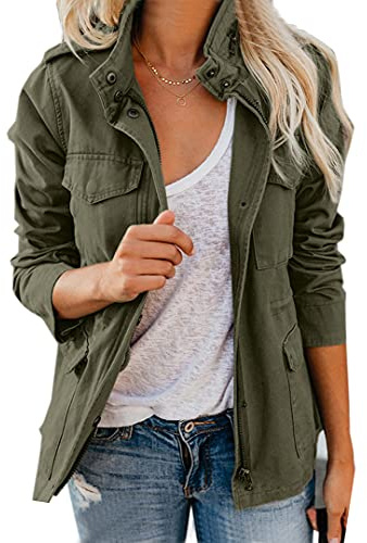 chouyatou Women's Fall Stand Collar Zip Up Military Cotton Utility Safari Jacket (X-Large, Army Green)