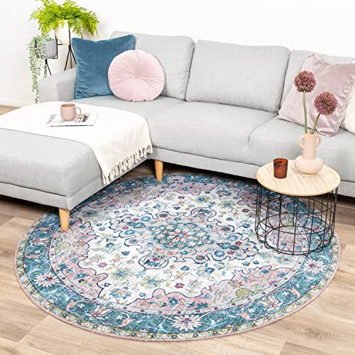 FRAAI | Home & Living Teppich Vintage Rund - Lily Oriental Blau Rosa - Baumwolle, Polyester - Flachgewebe - Vintage - Wohnzimmer, Esszimmer, Schlafzimmer - Carpet