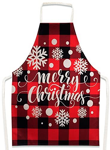BETESSIN (55 x 78 cm) Merry Christmas Apron Plaid Snowflake Printed Funny Christmas Kitchen Aprons for Cooking Baking Party Men Women