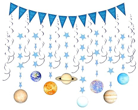 21 Stück Sonnensystem hängende Partyzubehör, Sonnensystem, Planet, hängende Wirbel, Dekorationen, blaues Dreiecksbanner für den Weltraum, Geburtstagsparty-Dekorationen