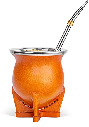 Taza Argentina Yerba Mate con forro de cerámica, taza de calabaza de té, una bombilla mate y un cepillo de limpieza (marrón)