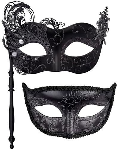 SIQUK 2 Stück Venezianische Maske Paar Maskerade Maske mit Stock Karnevalsmaske Augenmaske für Damen Herren Halloween Karneval, Schwarz