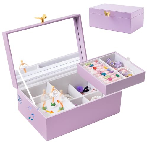 ProCase Kinder Musik Schmuckschatulle mit Ballerina & Schmetterlings Griff Spieluhr 2 Schicht Schmuckaufbewahrung für Frauen - Lila