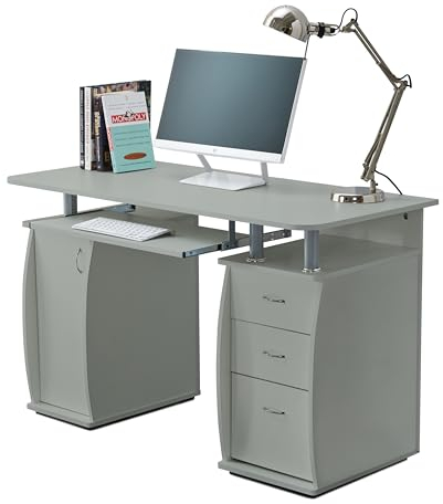 RayGar Deluxe Design Computer Desk With Cabinet and 3 Drawers For Home Office Table Workstation - New (Grey)