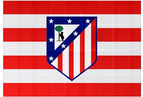 Bandera oficial del Atlético de Madrid + Llavero 100% colchonero | 120 x 90 cm - Rallas Rojas y blancas con escudo clásico en el centro.