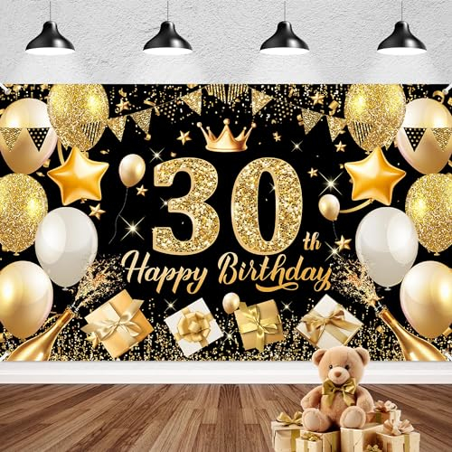 30 Geburtstag Frauen Männer Happy Birthday Deko Banner Schwarz Gold 70 * 43in