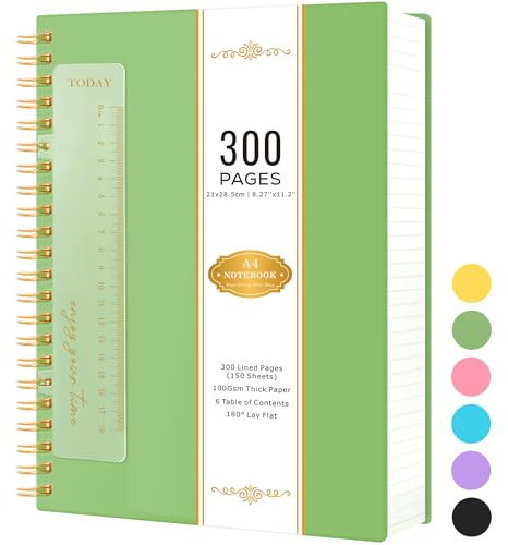 NIRMIRO A4-Notizbuch, liniert, gebunden, 300 Seiten/150 Blatt, Spiralbindung, Notizbuch zum Schreiben, 100 g/m², liniertes Papier, kein Verlaufen, grüner PVC-Einband, 21 x 28,5 cm