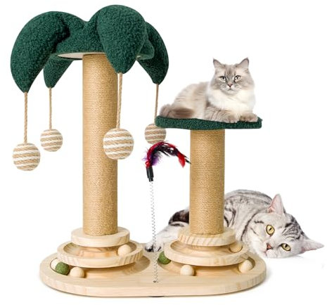Shulltji 6 in 1 Interaktives Katzenspielzeug, Holz Katzenmöbel mit Hängenden Kugeln, Federn, Drehbar Smart Track Ball, Sisal- und Juteseil-Katzenkratzbaum für kleine und mittlere Katzen