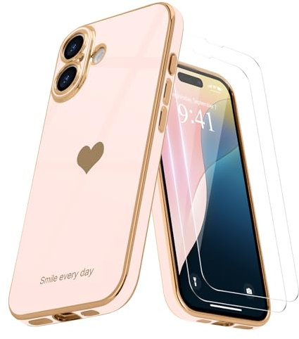 Teageo for iPhone 16 Case with 2 Screen Protector Heart Pattern for Women Girls Luxury Bling Plating Soft TPU Anti-Scratch Shockproof Bumper Phone Case for iPhone 16, Light Pink
