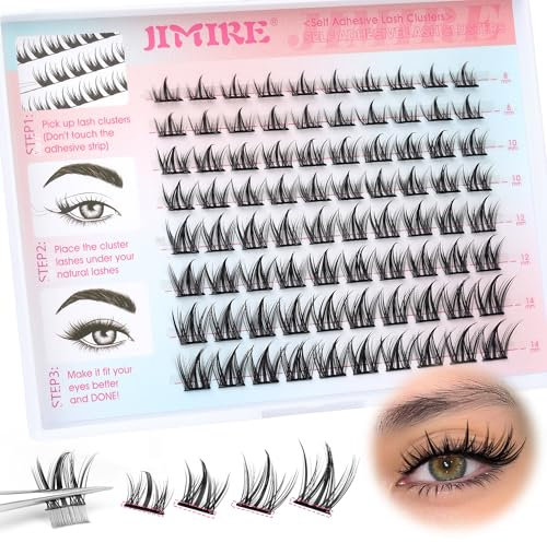 JIMIRE Wispy Pre-Glued Eyelashes Clusters, No Glue Needed, 8-14MM, Black, Synthetic Fiber, 80 Count, Easy to Apply, Comfortable Wear, All-Day Long