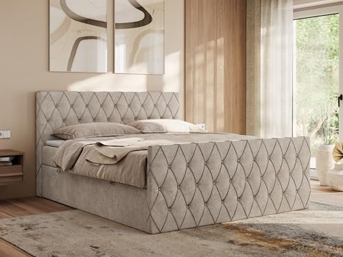 MKS MEBLE Boxspringbett 120x200 cm Miren Duo – Bett mit Bettkasten & Kopfteil, Ziernähte/Steppung – 2× 7-Zonen Taschenfederkern Matratze H3 mit Topper T25 – Beige Strukture