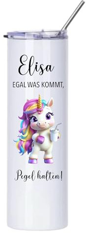 MiniGifts Personalisierter Thermobecher to go Weinbecher Edelstahl Strohhalm 'Mädels Pegel halten' Wunschname Isolierter Becher Aperol Spritz Thermobecher Geschenk Frau Freundin (Einhorn)