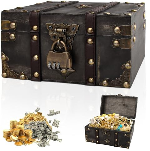 Coffre au Trésor Vintage en Bois 18x11x10 cm - Coffret Pirate Enfant avec Serrure à Combinaison, Boîte à Bijoux & Tirelire - Cadeau Fait Main Personnalisable pour Anniversaire, Décoration Chic (Gris)