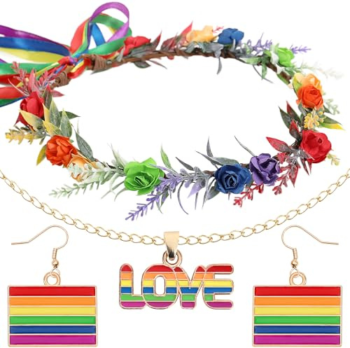 PartyforU Regenbogen Kostüm Damen Faschingskostüme Karneval 3 Stück Blumenkopfband Haarreif für Frauen mit Tassel Ohrringen und Halsketten Accessoires Set für LGTBQ Schwulen Pride Tag Parade Outfits