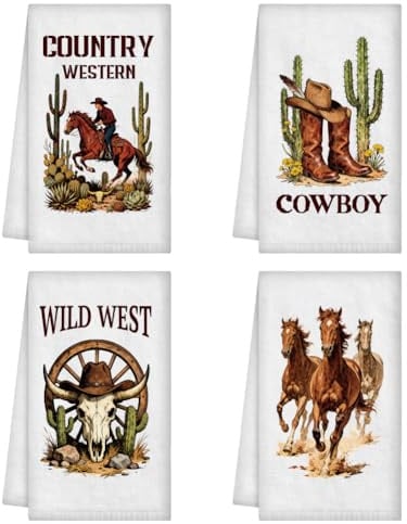 WADORN 4 Serviette à Main Western Cowboy, 60 x 40cm Torchons à Vaisselle Amusants en Microfibre Rodéo du Far West Absorbants et Doux pour Cuisine Pâtisserie Ferme Salle de Bain Cadeaux