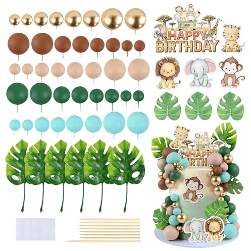Blumomon 1Set Jungle Safari Animal Cake Topper Round Ball Cupcake Topper DIY Dessert Cake Decoration Birthday Party Wedding Supplies Baby Shower Cake Decoration