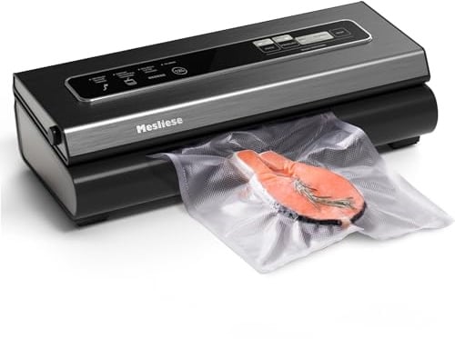 Envasadora al Vacío Mesliese 90kPa, para Alimentos Secos/Húmedos, gris | 6-in-1 Envasadora al Vacío Compacta, 2 Rollos de Bolsas & 5 Bolsas Precortadas, Succión Inteligente, Sellado al Vacío Externo