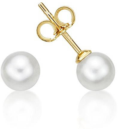 Diamond Treats Boucles d'Oreilles Perle de Culture en Or Jaune 9 Carats, Boucles d'Oreilles en Clou avec Perles Blanches 7 mm, Boucles d'Oreilles Perles en Pointe pour Femme et Jeune Fille