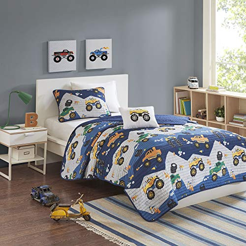 Intelligent Design Kids Nash Reversible Quilt Set, Vibrant Fun Design, Lightweight All Season Children Bedding, Coverlet Bedspread, Boys Bedroom Décor, Full/Queen, Big Wheel Monster Trucks 4 Piece