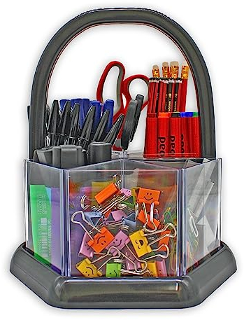 Adventa Desk Organiser, Desk Tidy with 6 Piece Set Pen Holder, Pencil Pots for Classrooms, Office Accessories, Stationary Organiser, Desktop Organiser with Handle (Clear)