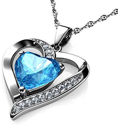 DEPHINI Crystal Heart Necklace – 925 Sterling Silver, Cubic Zirconia Pendant, Rhodium Plated Jewellery for Women (Aqua 2)