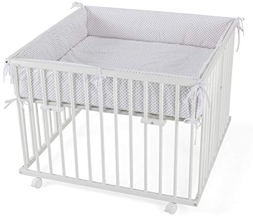 WALDIN Baby Laufgitter/Laufstall ca. 100 x 100 cm, BUCHE MASSIV, höhen-verstellbar, 2 Modelle wählbar, Holz weiß lackiert, Stoff weiß/Punkte grau