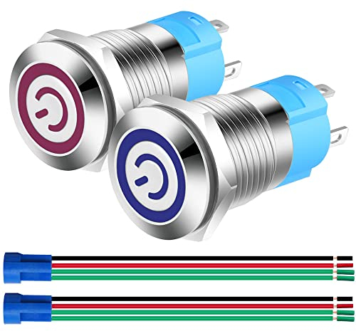 Gebildet 2pcs 12mm Bloccaggio Interruttore a Pulsante in Acciaio Inossidabile, 12V-24V 3A Simbolo LED Normalmente Aperto SPST ON Off Interruttore a Levetta Impermeabile con Spina a Filo (Blu+Rosso)