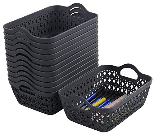 Eudokky Plastic Shallow Storage Baskets, 12 Pack Small Desktop Storage Trays Grey