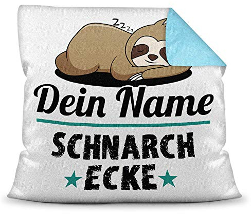 PR Print Royal Kissen inkl. Füllung Faultier PERSONALISIERT mit Wunschname für - Ihr Name Schnarchecke - Kuschelkissen/Lustige Geschenkidee/Freunde/Familie/Geburtstag - Farbkissen Rückseite Hellblau