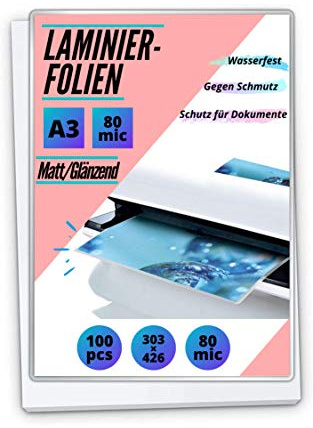 100 matt-glänzende Laminierfolien - 1 Seite matt & 1 Seite glänzend (80 micron, A3)